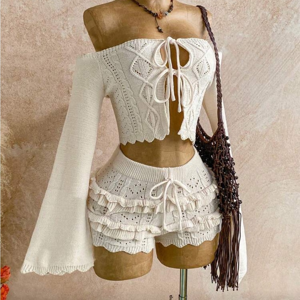 Cream Off-Shoulder Knit Set